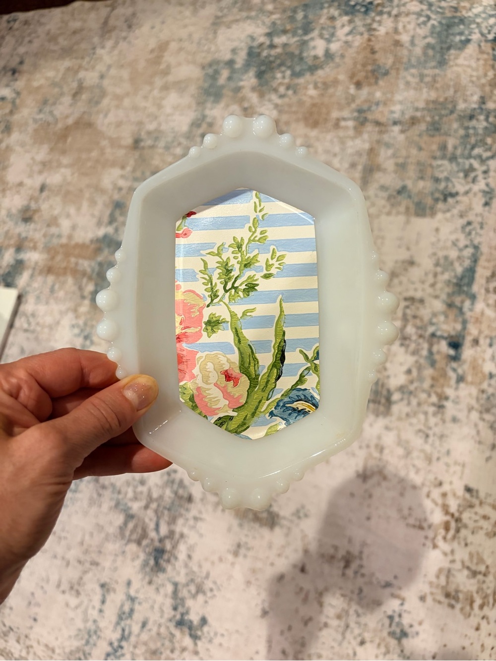 White Milk Glass Trinket Dish with Floral Insert